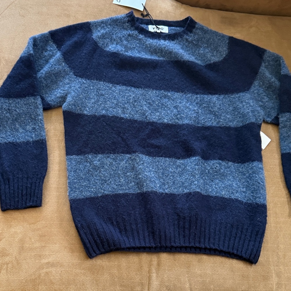 YMC Men's Striped Crewneck Sweater - Navy and Heather Blue
